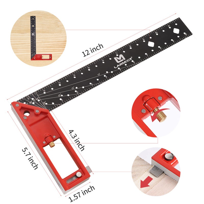 LARMEIL 12 Inch Framing Square Carpenter Square, Tri Square Tool, Try Square for Woodworking, T Square Ruler, L Square Ruler, Right Angle Ruler - Image 2